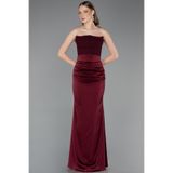 Abiyefon Bordo Straplez Balenli Uzun Saten Mezuniyet Elbisesi ABU6061