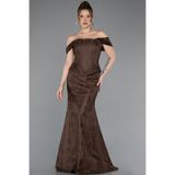 Abiyefon Kahve Kayık Yaka Peplum Kesim Uzun Dantel Abiye Elbise ABU5609