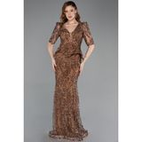 Abiyefon Kısa Kol V Yaka Peplum Uzun Pullu Abiye Elbise ABU5621 - 38 - Bakır