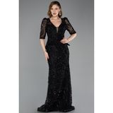 Abiyefon Kısa Kol V Yaka Peplum Uzun Pullu Abiye Elbise ABU5621 - 38 - Siyah