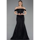 Abiyefon Siyah Kayık Yaka Peplum Kesim Uzun Dantel Abiye Elbise ABU5609