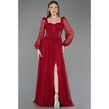 Abiyefon Uzun Kol Yırtmaçlı Korse Detay Dantel Abiye ABU5797 - 40 - Bordo