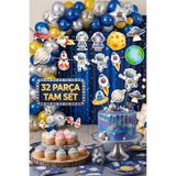 abjad Uzay ve Astronot Temalı 32 Parça Erkek Çocuk Doğum Günü Parti Seti - Banner, Pasta ve Cupcake Süsü