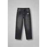 Abluka Online Erkek Baggy Fit Nakışlı Frayed Jean Pantolon Siyah Pamuklu Kumaş ile Rahat Günlük Kullanım - 36