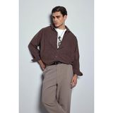 Abluka Online Erkek Oversize Çizgili Uzun Kollu Gömlek Kahverengi - XL