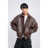 Abluka Online Erkek Oversize Fermuarlı Basic Deri Mont Kahverengi