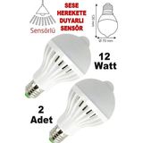 Abnturk 2 Adet Harekete Duyarlı Sensörlü 12W LED Lamba Ses Hareket Görünce Yanan Sonra Sönen Sensörlü Ampül - 10 - 20 W - Beyaz