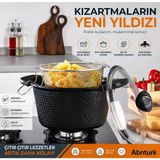 Abnturk 22CM 3 Parça Granit Döküm Fritöz Tenceresi-Pyrex Cam Kapak ve Silikon Tutacaklı Kızartma Tenceresi - 000-Siyah