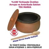 Abnturk 26CM 6-9 Kişilik El Yapımı Kapaklı Toprak Güveç Tahta Servis Kaşığı Hediyeli - 10,7 ml