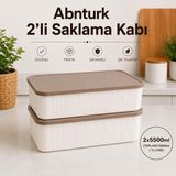 Abnturk 2'li Kapaklı Çizgili Asel Saklama Kabı Seti-Sızdırmaz Vakumlu Erzak ve Gıda Saklama Kabı Krem