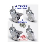 abnturk 4 adet (2 Frenli+2 Düz) Araba Tekeri 2 kat Bilyalı 75x25mm Döner Civatalı Çok Amaçlı Sağlam Tekerlek
