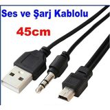 abnturk Bluetooth Speaker,mp3 Için 5pin Mini USB ile 3.5mm Aux Jak /erkek USB 2 In 1 Şarj ve Ses Kablosu - Siyah