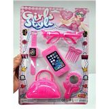 abnturk Kız Çocuk Oyuncak Moda Güzellik Seti 6 Parça Oyuncak Çanta Gözlük Ayna Telefon Evcilik Set 38X26 cm - Pembe