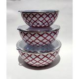abnturk Oval Tabanlı 3lü Emaye Saklama Kapları Sızdırmaz Şeffaf Kapaklı Ultra Lüx 16-18-20CM Çinko Tabak Set