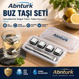 Abnturk Paslanmaz Çelik Buz Maşa Seti-4 Adet Buz Taşı ve Maşa Kutulu Şık Sunum Aparatı - Metal - 0,33