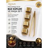 Abnturk Paslanmaz Çelik Gold Buz Maşa Seti-4 Adet Buz Taşı ve Maşa Kutulu Şık Sunum Soğutucu - 0,33