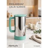 Abnturk Turkuaz Renk 304 Kalite Paslanmaz Çelik Sürahi 1.5 Litre Sıcak Soğuk Tüm Içecekler Için 18/10 Yaşam Boyu Garantili Çelik ile Üretildi - 1,05 lt