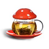 Aboyer Mantar Fincanı Sevimli Cam Çay Fincanı Demlik ve Kapaklı Kawaii Mantar Kupa Seti Seramik Bardak Altlıklı Kahve Demliği 325 ml (Turuncu)
