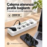 Abstrax Tech 5’li Topraklı Çoklu Priz 3000 W USB ve Type-C Şarj Çıkışlı Anahtarlı - Beyaz
