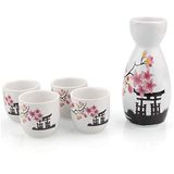 Abuff Japon Sake Seti, 1 Tokkuri Şişe ve 4 Ochoko Fincanı, Bahar Çiçekleri Seramik Sake Seti - Mikrodalga ve Bulaşık Makinesinde Yıkanabilir
