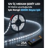 AC Aydınlatma 10 Metre 12V 6500K Beyaz Işık Şerit Led + 12V 25A Slim Led Trafosu Hazır Set