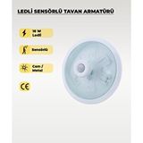 AC AYDINLATMA 18W Ledli Sensörlü Tavan Armatürü 6500K Beyaz Işık - Cam / Metal