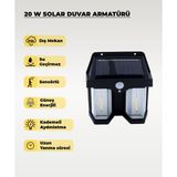 AC Aydınlatma 20W Sensörlü Solar Aplik 3200K (Sarı Işık) - Siyah