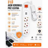 AC Aydınlatma 3'lü Akım Korumalı Priz Uzatma Kablosu 1,5 Metre – 2 USB Girişli, Işıklı Anahtarlı, Çocuk Korumalı Çoklu Priz - Beyaz