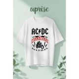 Ac Dc Hells Back In Black Baskılı Pamuklu Oversize T-Shirt - Beyaz