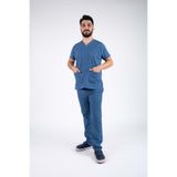 ACAR İŞ TEX İndigo Mavi Likralı Erkek Hemşire Ve Doktor Forması Takımı Scrubs Hastane Üniforması Mavi 2XL