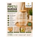 Acarlar Ticaret Bambu Kapaklı Pipetli Cam Bardak Isıya Dayanıklı Borosilikat Cam Bardak 580ml