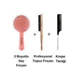 Acarlar Ticaret Profesyonel 3 Boyutlu Saç Fırçası + Krepe Şiş Tarak + Topuz Fırçası 3'lü Set