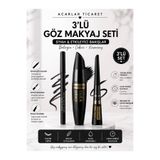 Acarlar Ticaret Süper Siyah Etkili Göz Kalemi Maskara Eyeliner 3 Lü Profesyonel Göz Makyajı Seti