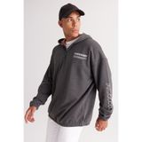 AC&Co / Altınyıldız Classics Antrasit-melanj Oversize Bol Kesim Içi Polarlı 3 Iplik Kapüşonlu Baskılı Sweatshirt