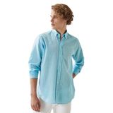 AC&Co / Altınyıldız Classics Comfort Fit Rahat Kesim Düğmeli Yaka Casual Keten Gömlek, Renk Turkuaz, Beden L