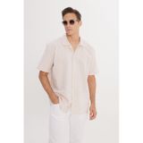 AC&Co / Altınyıldız Classics Erkek Bej Pamuklu Keten Oversize Fit Bol Kesim Hawai Yaka Gömlek Bej