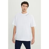 AC&Co / Altınyıldız Classics Erkek Beyaz %100 Pamuk Oversize Fit Rahat Kesim Bisiklet Yaka Baskılı Tişört