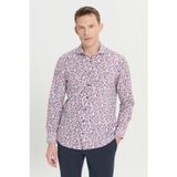 AC&Co / Altınyıldız Classics Erkek Beyaz Kırmızı Pamuklu Slim Fit Dar Kesim Büyük İtalyan Yaka Baskılı Gömlek
