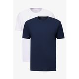 AC&Co / Altınyıldız Classics Erkek Beyaz-lacıvert 2'li Paket Slim Fit Dar Kesim Pamuklu Basic Tişört