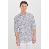 AC&Co / Altınyıldız Classics Erkek Beyaz-Lacivert Pamuklu Slim Fit Dar Kesim Büyük İtalyan Yaka Baskılı Gömlek