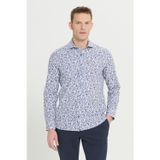 AC&Co / Altınyıldız Classics Erkek Beyaz-Mavi Pamuklu Slim Fit Dar Kesim Büyük İtalyan Yaka Baskılı Gömlek