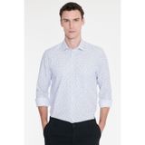 AC&Co / Altınyıldız Classics Erkek Beyaz-Mavi Pamuklu Slim Fit Dar Kesim Klasik Yaka Baskılı Gömlek