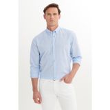 AC&Co / Altınyıldız Classics Erkek Beyaz-Mavi Slim Fit Dar Kesim Düğmeli Yaka Pamuklu Kareli Gömlek