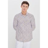 AC&Co / Altınyıldız Classics Erkek Beyaz-Sarı Pamuklu Slim Fit Dar Kesim Büyük İtalyan Yaka Baskılı Gömlek