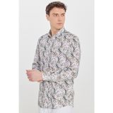AC&Co / Altınyıldız Classics Erkek Beyaz-Yeşil %100 Pamuk Slim Fit Büyük İtalyan Yaka Baskılı Gömlek