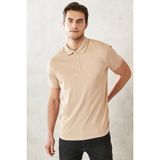 AC&Co / Altınyıldız Classics Erkek Çekmeyen Pamuklu Kumaş Slim Fit Dar Kesim Açık Bej-Beyaz Kıvrılmaz Polo Yaka Tişört