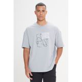 AC&Co / Altınyıldız Classics Erkek Grı Oversize Bol Kesim Bisiklet Yaka %100 Pamuk Baskılı Tişört Grı