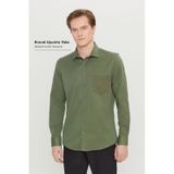 AC&Co / Altınyıldız Classics Erkek Hakı Pamuklu Tailored Slim Fit Dar Kesim Klasik Yaka Armürlü Cepli Gömlek Haki