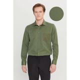 AC&Co / Altınyıldız Classics Erkek Haki Pamuklu Tailored Slim Fit Dar Kesim Klasik Yaka Armürlü Cepli Gömlek