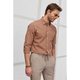AC&Co / Altınyıldız Classics Erkek Kahverengı Comfort Fit Rahat Kesim Gizli Düğme Yaka %100 Pamuk Flamlı Gömlek Kahverengi